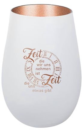 Der-Porzellan-Laden Windlicht mit Gravur Zeit die wir Uns nehmen, Weiß Bronze, Teelichthalter aus Glas mit Spruch, Tischdeko modern