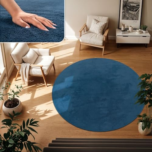TT Home Wohnzimmer Teppich Kurzflor Anti-Rutsch Rückseite Unifarben Modern Waschbar, Farbe: Blau Navy, Größe:80 cm Rund