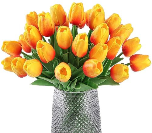 Belugsin 15 Stück Künstliche Tulpen Tulpen-Kunstblumen mit Realistischem Touch Fake Tulpen Künstliche Blumen Realistische Latex-Tulpe für Hochzeitssträuße, Haus, Party, Büro (Sonnenuntergang Rot)