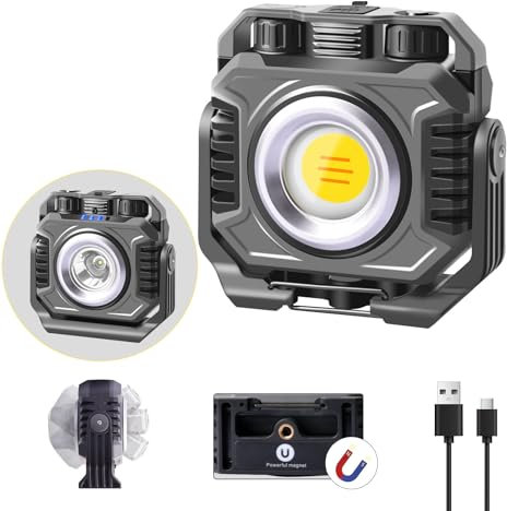 ErayLife Projecteur LED Rechargeable, 2100LM Projecteur LED Chantier COB Absorption d'aimant et Rotatif à 360°, 6 Modes d'Éclairage 5000mAh Lampe de Travail Portable Dimmable pour Garage, Camping