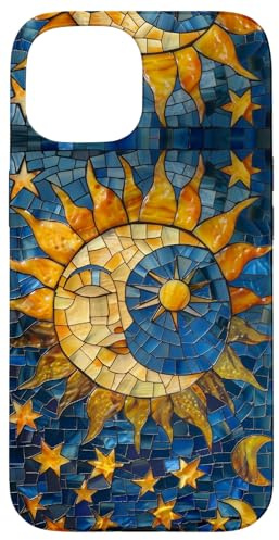 Celestial Sun Moon Star Stained Glass Effect Art Stain Glass Hülle für iPhone 15