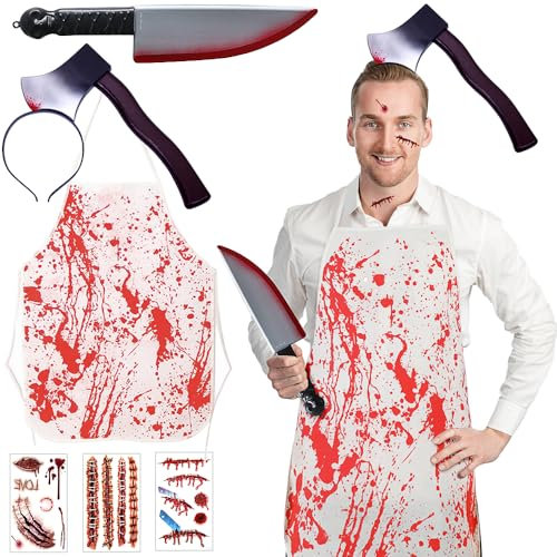 ApisNest 6Pcs Butcher Costume Halloween Costumes Bloody Apron Knife Headband For Men Adult Fancy Dress Up