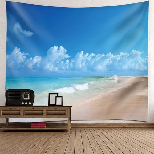 Skcess Tapestrie Blau Beige, Polyester Wandbehang Meer, Strand, Himmel, Landschaft Muster Tapisserie für Wohnzimmer Schlafzimmer Wandteppich 350x256CM