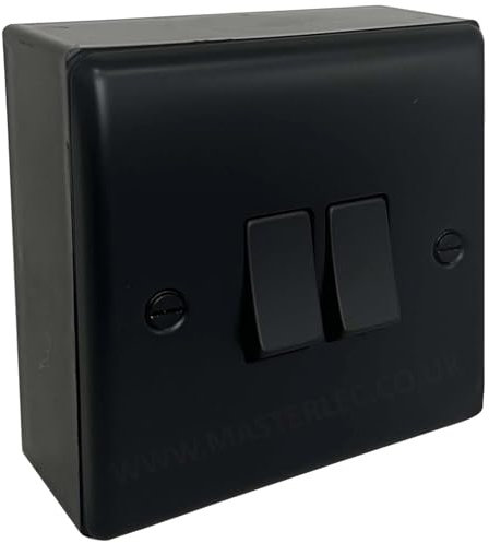 Matt Black 2 Gang Double Light Switch with 32mm Black Surface Pattress Back Box
