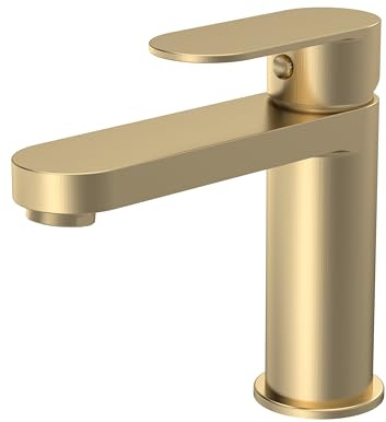 Balterley Bathroom Sink Taps, Mono Basin Mixer Tap with Push Button Waste, Single Lever Temperature Control Bathroom Tap, Round Body, Flat Rounded Tip Spout Taps - 50 x 166 x 149mm (Brushed Brass)