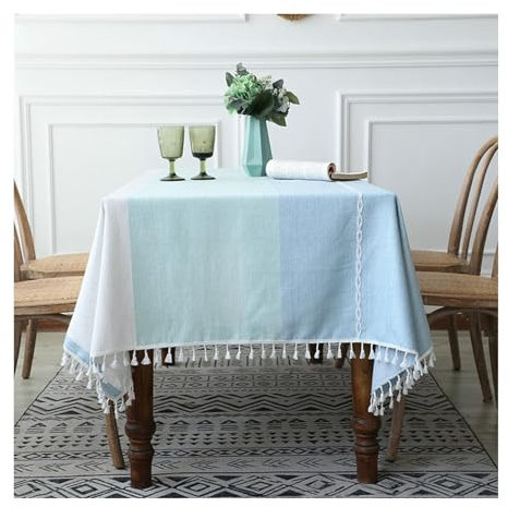 Tischdecke 140x300CM, Baumwollleinen Tablecloth DREI Streifen Weiß Blau Tischdecke Abwaschbar Rechteck