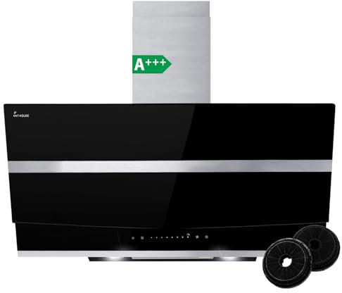 KKT KOLBE A+++ Dunstabzugshaube 90 cm Kopffreie Wandhaube Edelstahl schwarzes Glas Nachlaufautomatik LED-Beleuchtung SensorTouch-Bedienung HERMES9005S