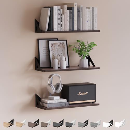 DINIAL Wall Mounted Floating Shelves for Wall Set of 3, Shelf Bookshelf for Bedroom Living Room Office Bathroom Kitchen Rustic Wood with Metal Bracket 02H-03 (Dark Brown/Black Brackets)