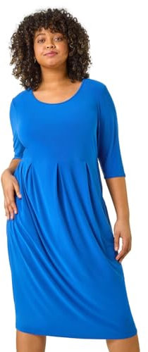 Roman Curve Abstract Print Stretch Dress for Women UK - Ladies Autumn Everyday Winter Holiday Round Neckline Comfy Short Sleeve Soft Midi Length Frock Desk to Dinner Gowns - Royal Blue Plus - Size 16