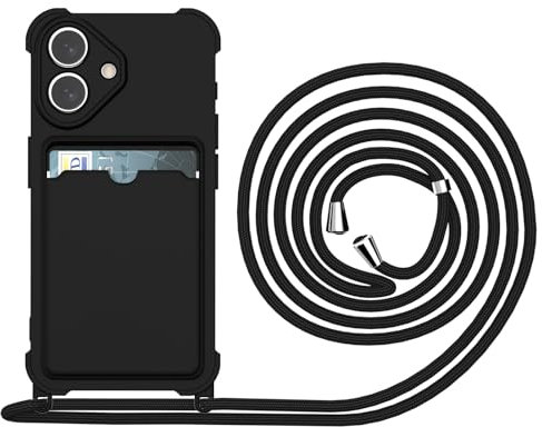 YEPO For iPhone 16 Lanyard Phone Case, Adjustable Cord Shockproof Protective Phone Cover for iPhone 16 Strap Case Crossbody Women - Black