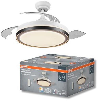 OSRAM Ventilatore da soffitto 1070mm retrattile, 66W LED 3CCT, motore DC 6 velocità, timer con telecomando, 6460 m³/h