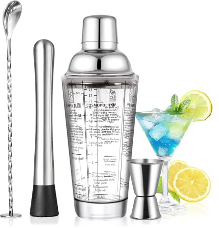 SAVORLIVING Ensemble de Shaker à Cocktail en Verre 40 cl, kit Barman 4 pièces, Shaker à Martini avec passoire, cuillère à mélanger, doseur et Pilon, Ensemble d'outils de Bar pour débutants (Argent)