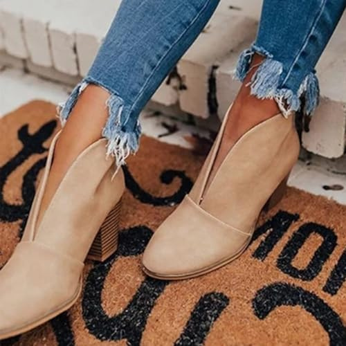 Ankle Booties for Women Low Heel V Cut Back Womens Ankle Boots Pointed Toe Faux Leather Stacked Chunky Heels Tassels Side Zipper Booties