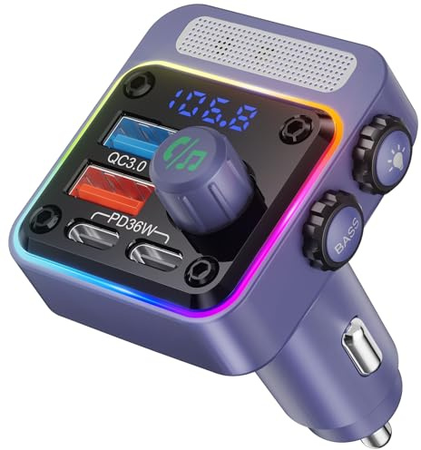 NULAXY 54W Bluetooth 5.3 Auto-Adapter-Ladegerät mit 4 Ports Schnellladung [PD 36W & QC3.0 18W], Wireless Radio FM Transmitter mit Deep Bass Player & 5 Farben LED-Hintergrundbeleuchtung,lila