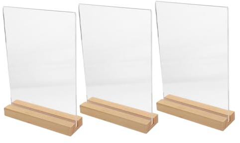 GARIOUANS 3 Stück Teiliges Acryl Menühalter Transparent mit Holzsockel Vertikale Tischaufsteller für Menü Werbe Eventdisplay Klarer Desktop Poster Halter für Restaurant Büro Party