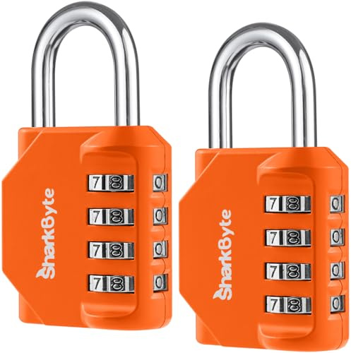 SharkByte 2 Pack Heavy Duty Combination Padlocks – 4-Digit Weatherproof Outdoor Lock, Keyless Resettable Lock for Gym, School, Locker, Shed, Toolbox, Storage & Site Use - Orange