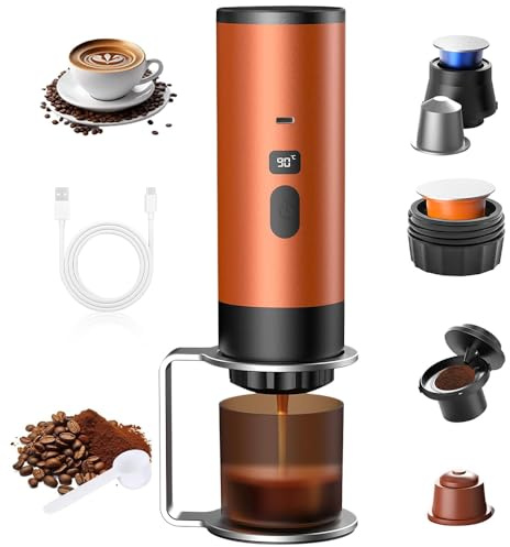 SKJJM 3-In-1 Electric Portable Coffee Maker, 20Bar Self Heating Espresso Coffee Machine USB Rechargeable, Coffee Maker Compatible with Small & Large Capsules, Ground Coffee for Camping,Office,Home,Car