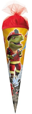 ROTH Schultüte klein 50 cm Feuerwehr Dino – runde Geschwister-Zuckertüte zur Einschulung für Kinder, Schulanfang Geschenk mit Tüllverschluss