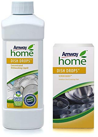 Konzentriertes Flüssiges Geschirrspülmittel DISH DROPS - 1 Liter + 1 x DISH DROPS SCRUB BUDS Topf- und Geschirrreiniger aus Edelstahl - 1 Paket mit 4 Stück