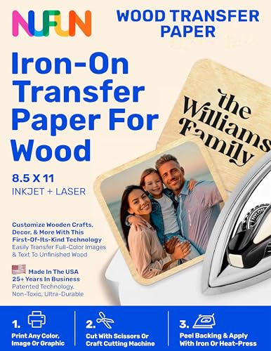 NuFun Activities Printable Iron-on Heat Transfer Paper for Wood, 5 Sheets 8.5 x 11 inch, Long Lasting, Durable, Professional Quality, Easy DIY, Non-Toxic, Made in The USA