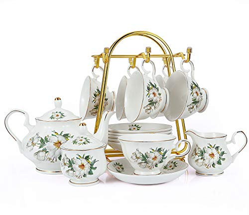 CHENP.HMC Porzellan-Tee-Set, Teetassen-Set, 22-teilig, Porzellan, Keramik, Kaffee, Tee, Geschenkset, Tassen, Untertasse, Service für 6 Teekanne, Zuckerdose, Kännchen und Teelöffel, Teekannen-Set