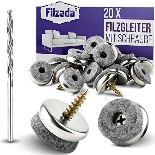 Filzada® 20x Filzgleiter Schrauben - Ø 22 mm - Profi Stuhlgleiter/Stuhlbeinschoner Filz mit Schraube - inkl. Bohrer - 5,5 mm Filzstärke