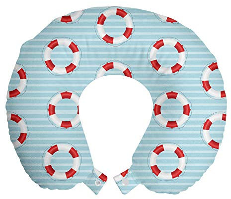 ABAKUHAUS Boje Reisekissen Nackenstütze, Schwimmweste-Krise, Schaumstoff Reiseartikel für Flugzeug und Auto, 30x30 cm, Baby-Blau Rot Weiß