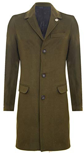Tru Clothing Mens 3/4 Long Wool Olive Crombie Overcoat Jacket Blinders Trench Slim Fit Coat 40