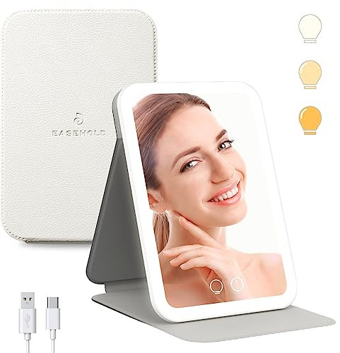 EASEHOLD Travel Portable Makeup Mirror with 72 LED Lights, Foldable Lighted Vanity Mirror with Stand Leather Cover, 2000 mAh Rechargeable, Touch Screen 3 Colors Light Up Compact Mirror