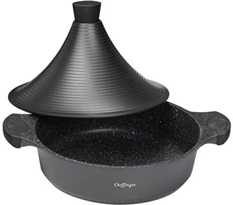Cheffinger Aluguss Tajine Tagine Ø28cm Induktion Silikongriffe Gartopf Dampfgarer Bräter, Schwarz