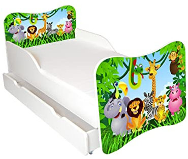 AS-TOR Kinderbett Jugendbett Wiki 70x140 mit Matratze und Schublade - Bett Schlafzimmer Kindermöbel Kinderbetten für Mädchen und Junge, Hochwertige Möbelplatte, Solide und Sicher, Urwald