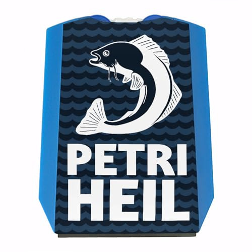 speecheese Petri Heil Angler Parkscheibe mit 2 Einkaufswagenchips Bedruckte Parkuhr mit Anglergruß und Fischmotiv für einen Autofahrer der gerne Angeln geht
