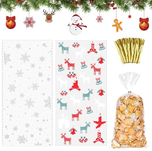 100 Stück Schneeflocke Cellophantüten, Cellophantüten Weihnachten, Transparent Zellophantüten Plätzchentüten, Süßigkeiten Tüten mit 100 Metallkrawatte, für Bonbon Plätzchen Christmas Candy Bags（E）