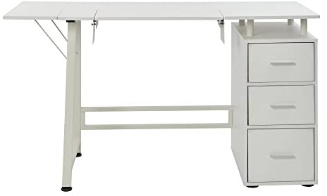 Sewing Online Large Sewing Table with 3 Drawers, White - Sewing Machine Table with Adjustable Platform, Drop Leaf Extension, and Drawers. Use as a Quilting/Craft Table or Computer/Game Desk - WC1011