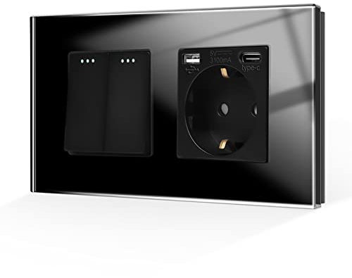 CNBINGO Interruptor de luz con enchufe, enchufe de cristal empotrado con conector USB (tipo C y tipo A 3,1 A total), interruptor de botón Negro, interruptor de 2 vías, interruptor de conmutación
