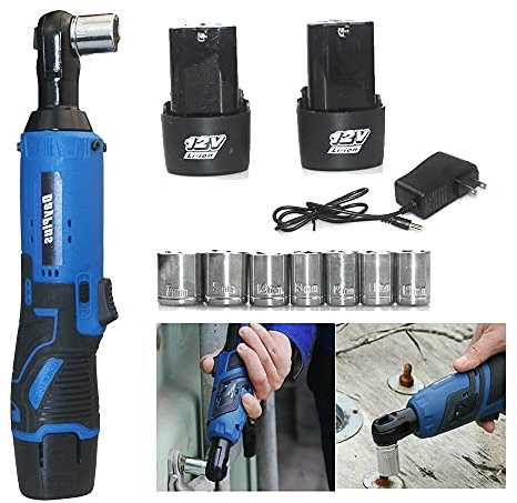 Rigogo Clé à cliquet sans fil 12 V 3/8 Sq Entraînement 40 Nm, 2300 tr/min, angle droit 90°, 2 piles, 7 prises pour la construction mécanique, les tâches de bricolage