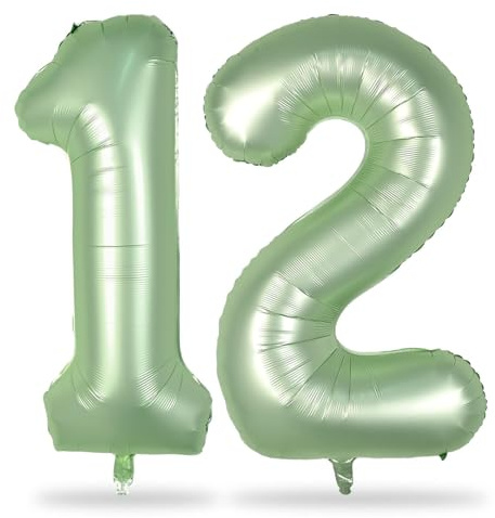 Sage Green Balloon Numbers 12, 40 Inch Big Foil Mylar Number 1 & 2 Helium Balloons, Olive Green 12th Birthday Balloons for Girls Women 12th 21st Jungle Birthday Anniversary Party Decorations Supplies
