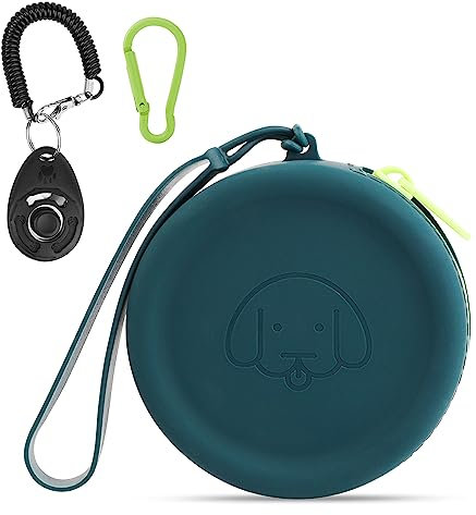 WALLFID Silicone Dog Treat Pouch Small Bag,with Pet Training Clicker,Walking Bag for Dog and Cat, Pocket Size, Easy to Clean, Odorless, Zipper Design,Moisture-proof,Travel Walking Bag (dark green)