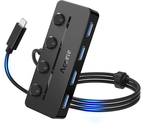 Aceele USB C Hub 4 Ports USB 3.0 with 3.3Ft Extension Cable, 5 Gbps USB Splitter with Individual LED Power Switches and Type C Power Port for Laptop MacBook Air Pro iMac