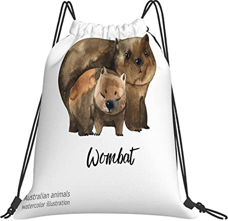 DELURA Rucksack mit Kordelzug,Blauer australischer Tier-Aquarell-Tier-weißer Wombat-Australien-Tag bunt,Kordelzug-Sackpack für Sport, Yoga, Reisen, Cinch-Tasche mit Reißverschlusstasche