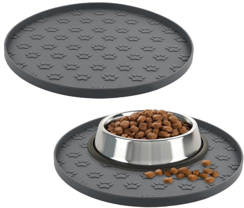 AVYDIIF 2 stück Napfunterlage für Hund Katzen[28cm x 28cm], hundenapf unterlage fressnapf Hund Futtermatten aus Silikon wasserdichte rutschfeste Fressnapf mit Rand, Spülmaschinenfest (2 Grau)