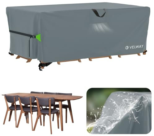Velway Housse Salon de Jardin Imperméable - Housse Table de Jardin avec Boucles Coupe-Vent Protection pour Tous Les Temps pour Table et Chaise d'extérieur (Gris,180x120x74cm)