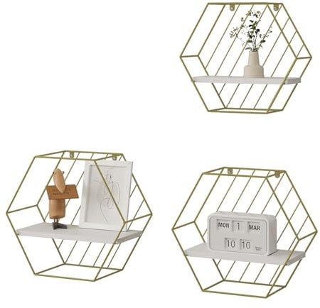EUGAD Wandregal 3er Set, Hexagon Regal Wand, Hängeregal, Schweberegal, Regalbrett mit Metallrahmen, Regal hängend, für Wohnzimmer Küche, aus Holzwerkstoff, Weiß Golden