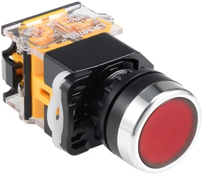 Rebower Interruptor de Botón Pulsador de Bloqueo DPST 1 NA 1 NC Redondo Y Plano, para [Proyectos de Bricolaje Equipos Industriales] - Rojo / 22mm / 1 Unidad