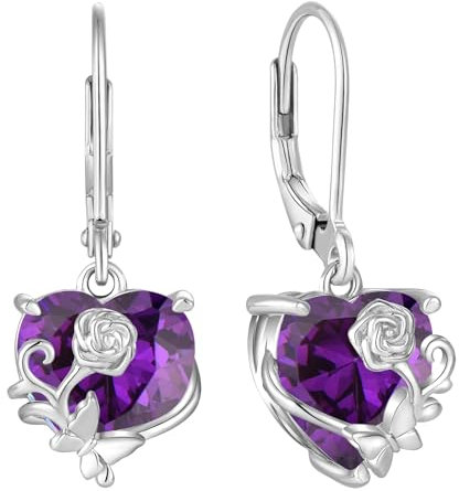 YL Orecchini Cuore Rosa Farfalla in argento 925 con Orecchini ametista con pietra di nascita di febbraio per Donna Mamma