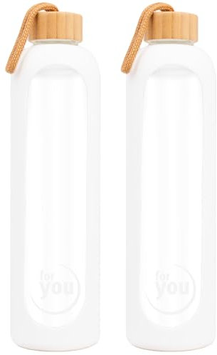 for you Nachhaltige Trinkflasche | 1000ml aus Glas mit Silikonhülle & spülmaschinenfest | 1Liter Auslaufsichere Wasserflasche mit Bambusdeckel | geeignet von -20°C – 150°C (Doppelpack Snow White)