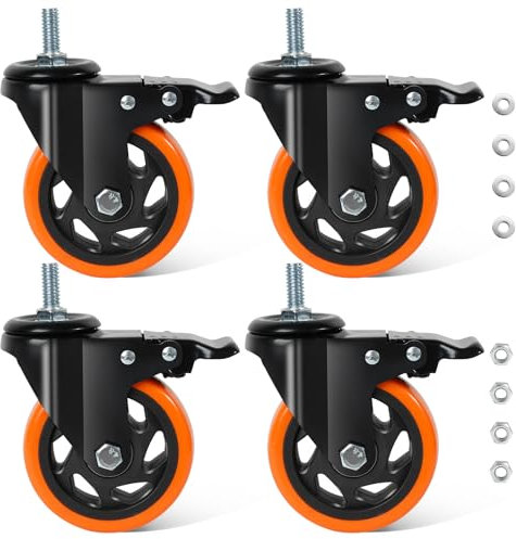 BAOLIHUI ¢100mm Ruedas Giratorias con Vástago 10mm×25mm(3/8-16UNC) Ruedas para Muebles Pesados Naranja Ruedas con Tornillo Capacidad 550KG Total