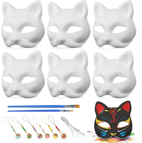 ENUTROF Katzenmaske Weiß Maske Handgemalte 6Stk DIY Weiße Papier Maske Papiermasken zum Bemalen Katze für Karneval Cosplay Geburtstag Maskenball Halloween Party Deko