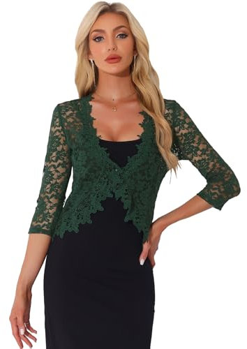 Allegra K Floral Lace Shrugs for Women's Evening 3/4 Sleeves Formal Elegant Bolero Cardigan Dark Green XS