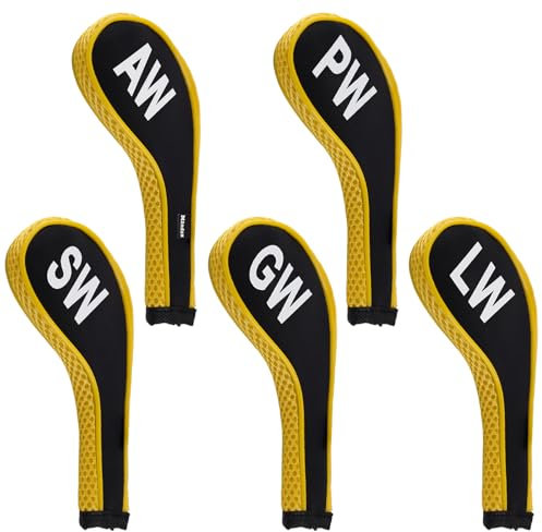 Andux 5Pack Golf Wedge Irons Club Head Covers NO. on both Sides Long Neck with Zipper MT/S18 (Black/yellow)